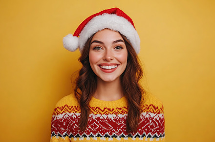 Cute young woman in knitted christmas sweater and santa hat, a Holiday Photo by AlyaAnd