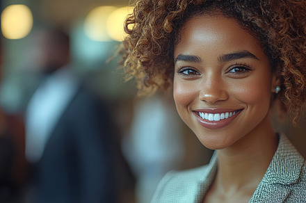 Confident businesswoman smiling in professional office setting, a Photo by AS photostudio