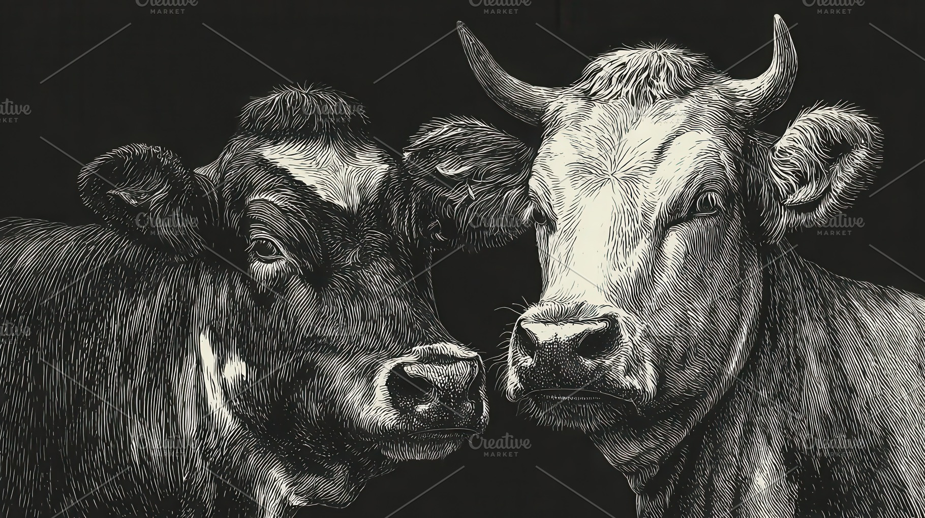 Two cows appear side by side, a Photo by Pavel_design
