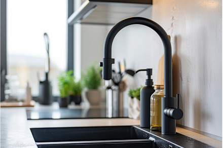 Black kitchen faucet plant. Generate, a Technology Photo by Ylivdesign