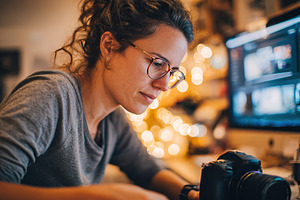 Creator conducts product review in cozy workspace filled with warm lights and t, a Person Photo by AlyaAnd