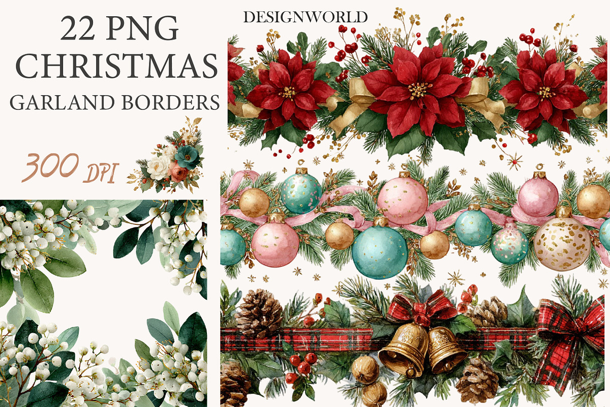 Watercolor Christmas Garland Borders, an Illustration by Designworld (Photo 1 of 11)