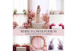 White Floral Podium Digital Backdrop