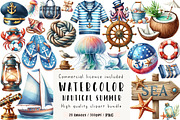 Watercolor Nautical Summer Clipart, an Illustration by CreationArt (Thumbnail 1 of 5)
