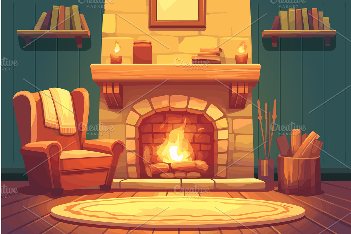 Cartoon cozy fireplace in the house, an Object Illustration by LadadikArt