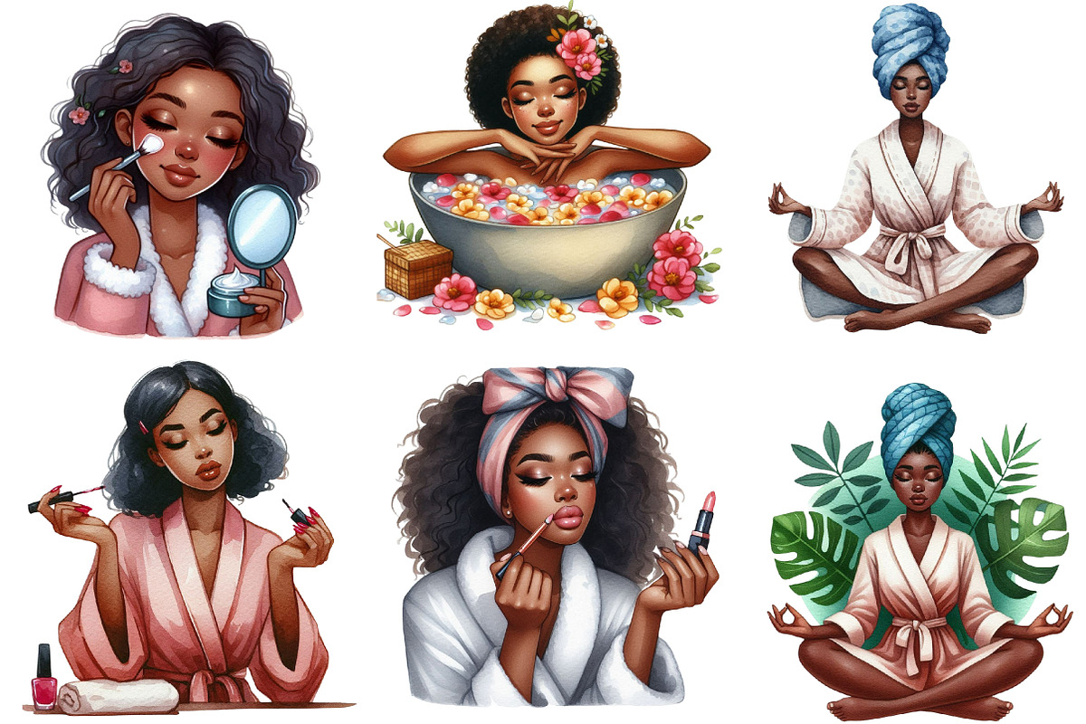 Black Girl Spa Day Watercolor PNG, an Illustration by Designking (Photo 3 of 5)