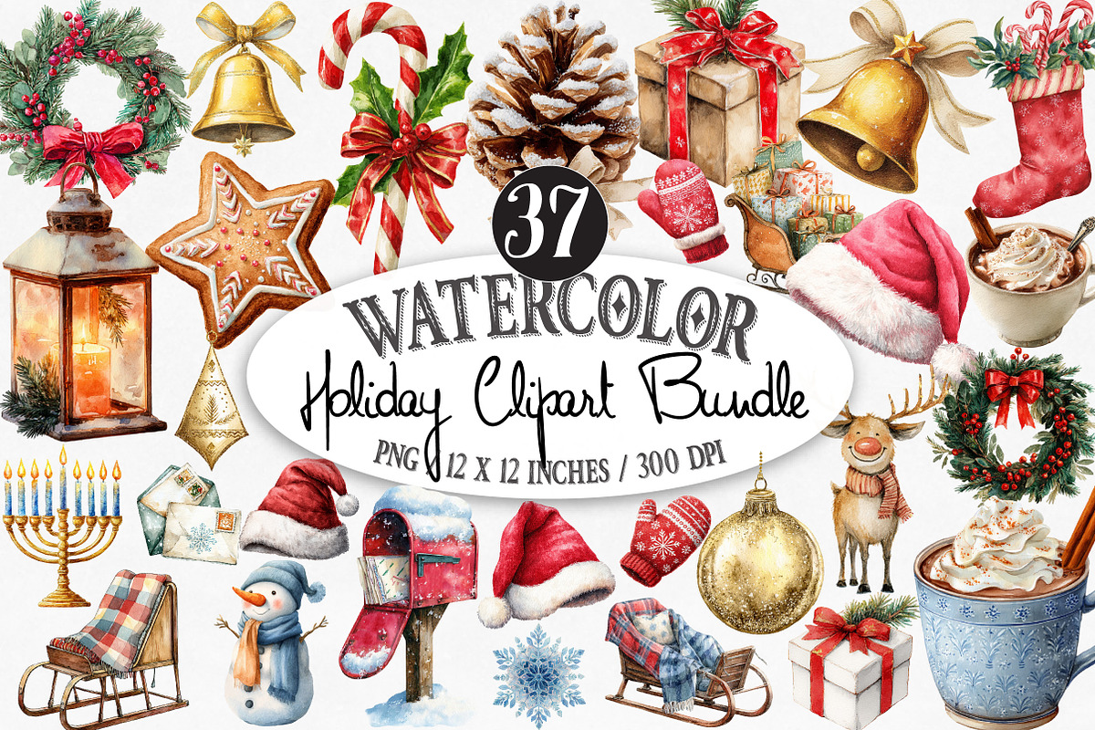 Watercolor Holiday Clipart Bundle, an Illustration by Designking (Photo 1 of 5)