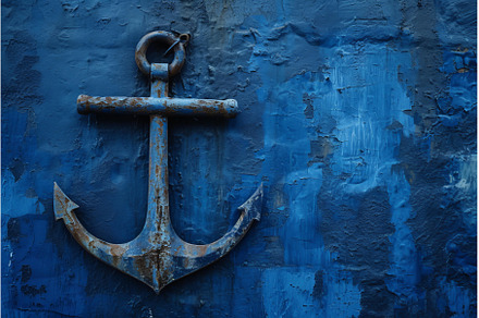Majestic Old boat anchor on blue, a Nature Photo by Ylivdesign