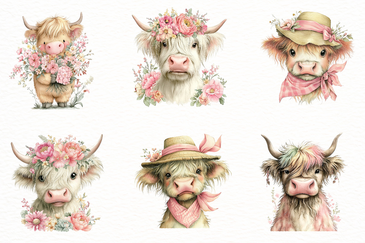 Whimsical Summer Highland Cow Clipar, an Illustration by Designworld (Photo 3 of 8)