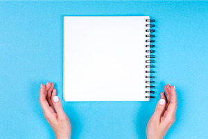 Blank notebook between hands on blue, a Business Photo by Anna Efetova