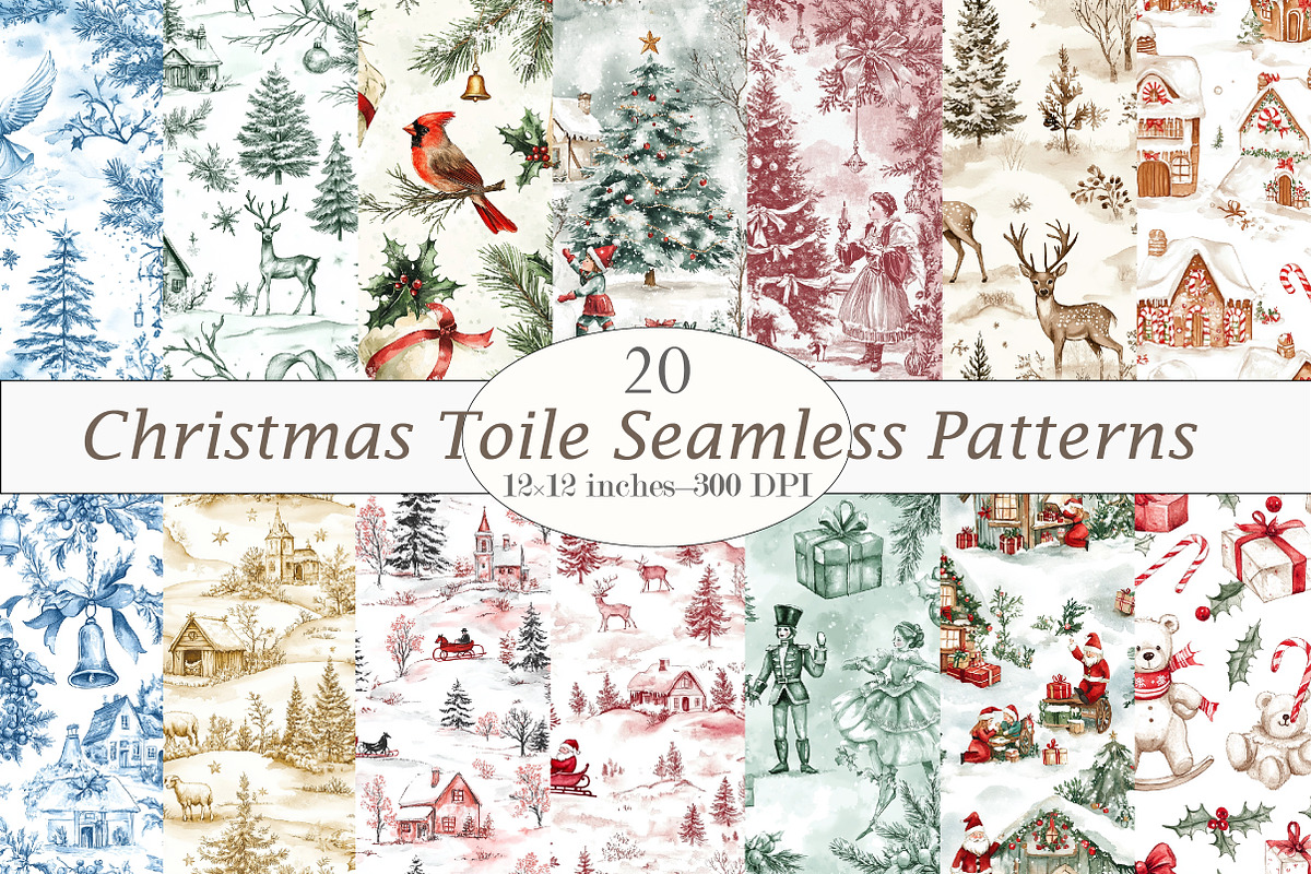 Christmas Toile Seamless Patterns, a Pattern Graphic by Design Market (Photo 1 of 4)