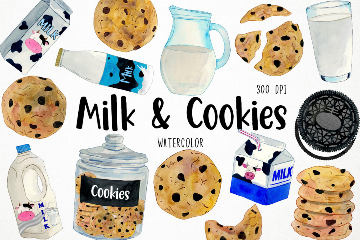 Watercolor Milk and Cookies Clipart, an Object Graphic by Paulaparaula (Photo 1 of 3)