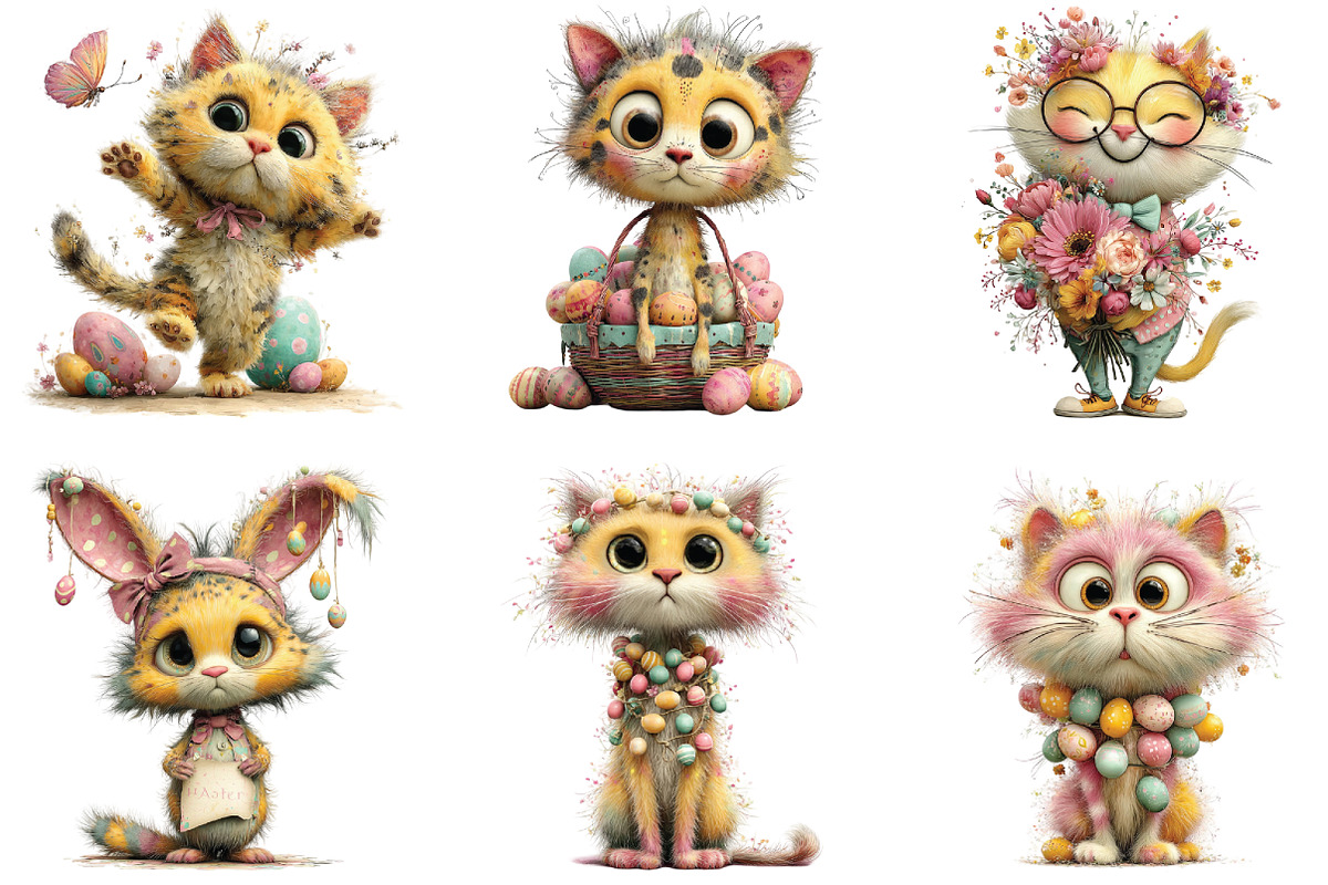 Whimsical Easter Cats Clipart, an Illustration by CraftArtStudio (Photo 2 of 6)