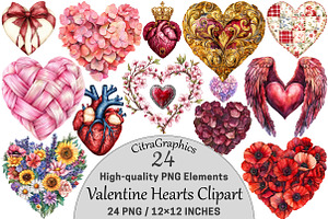 Watercolor Valentine Hearts Clipart, a Seasonal Illustration by CitraGraphics
