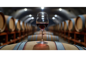 Red wine glass in rustic cellar with, a Food & Drink Photo by Lermont51