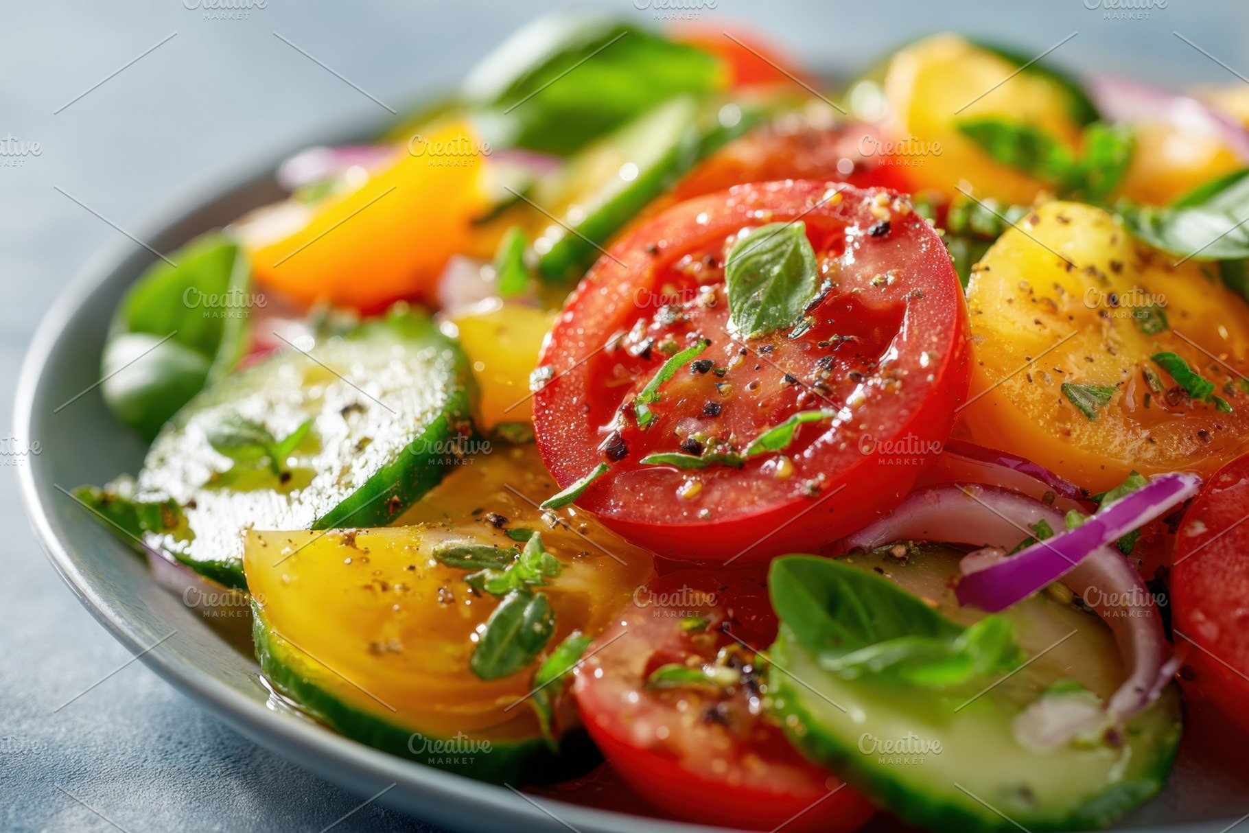 Colorful sliced vegetables with herbs, a Food & Drink Photo by AlyaAnd