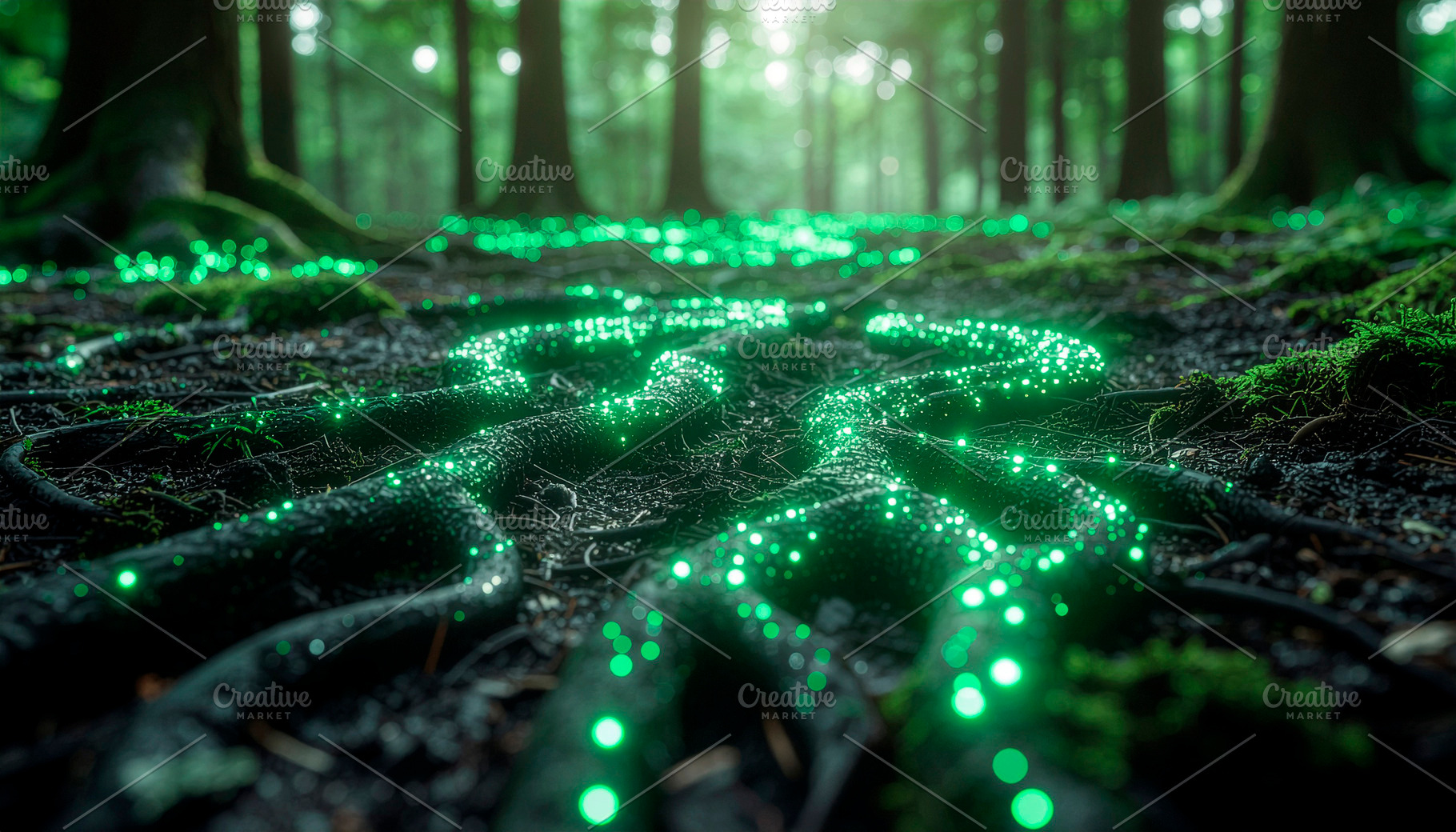 Forest roots glowing technology concept, a Photo by DanFLCreativo