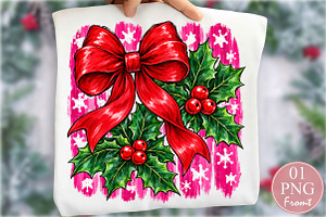Coquette Red Christmas Bow Holly PNG