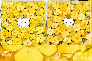 White Cat in Yellow Flower Field, an Animal Illustration by yahu88studio