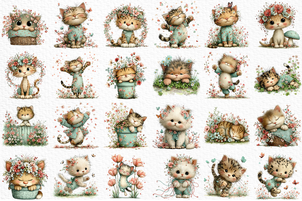Whimsical Spring Cat Clipart PNG, an Illustration by Craft Nest (Photo 6 of 12)