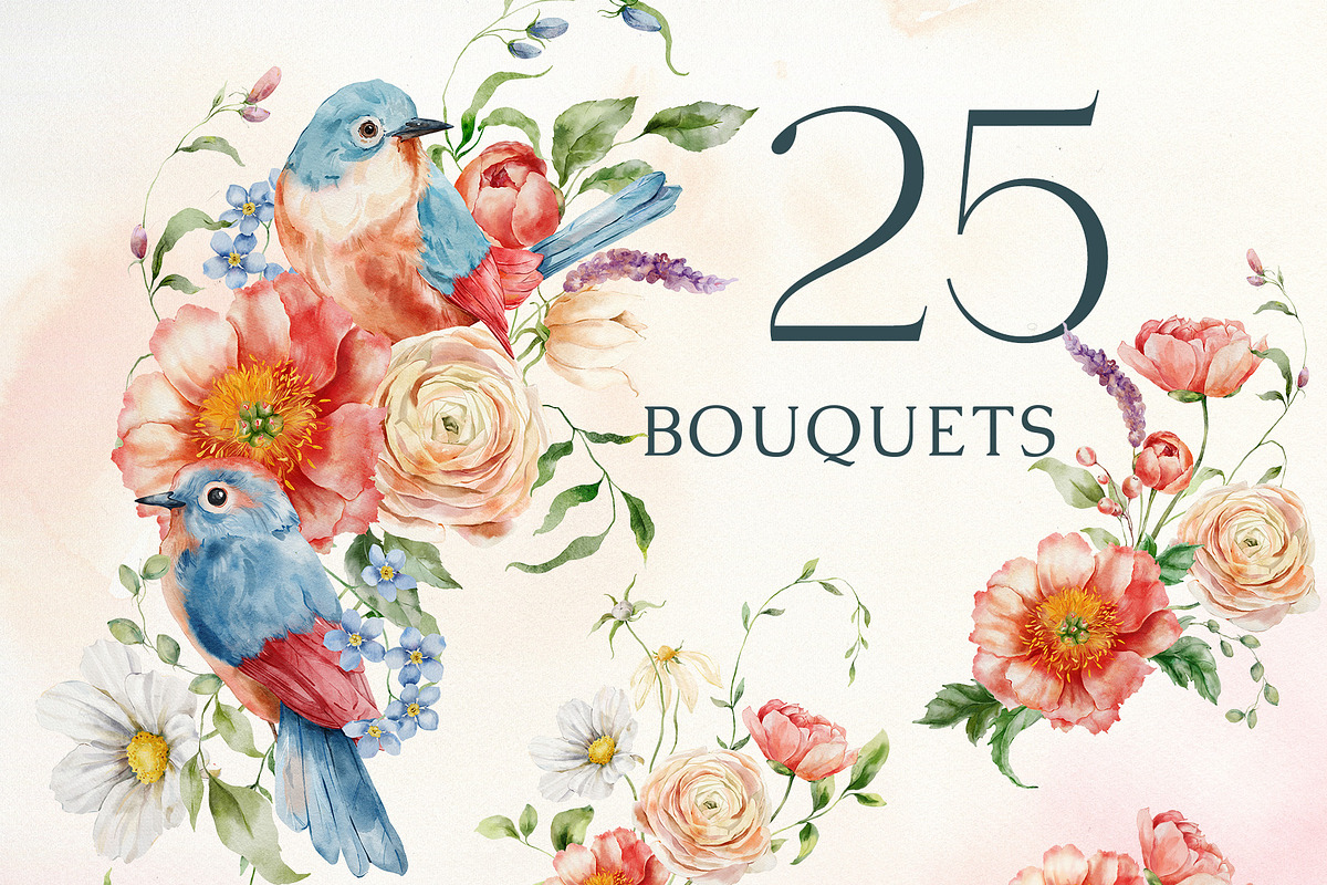 Wildflowers watercolor flowers birds, a Decorative Illustration by Yuliya Derbisheva (Photo 4 of 14)