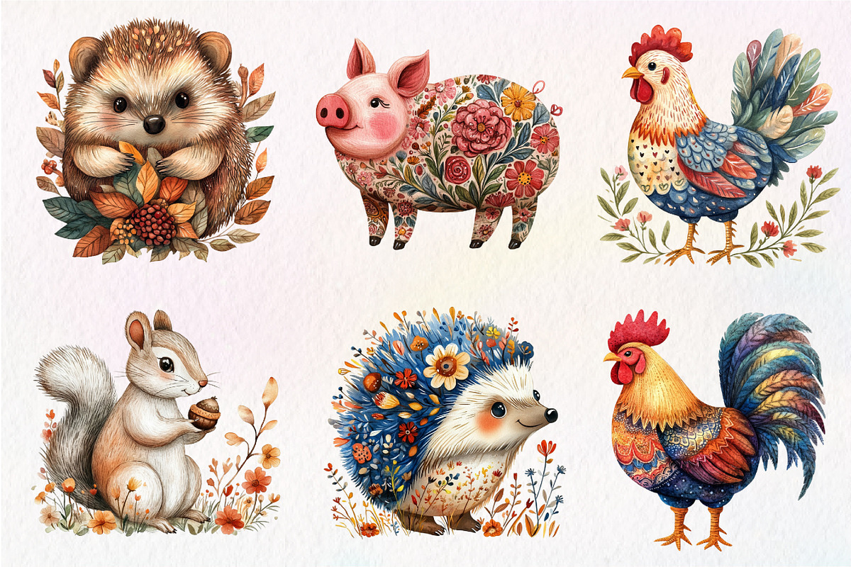 Watercolor Folk Art Animals Clipart, an Illustration by Dream Creation (Photo 4 of 7)