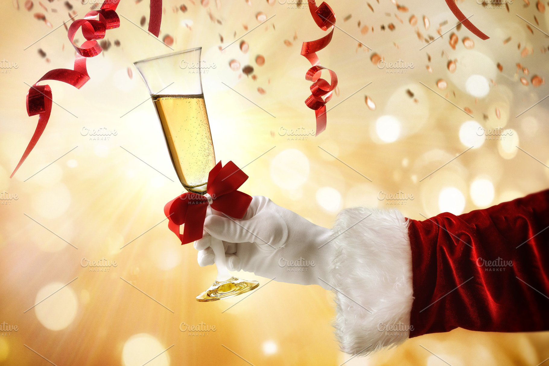 New Year's Eve celebration with Santa's hand holding wine glass, a Holiday Photo by Davizro's Market