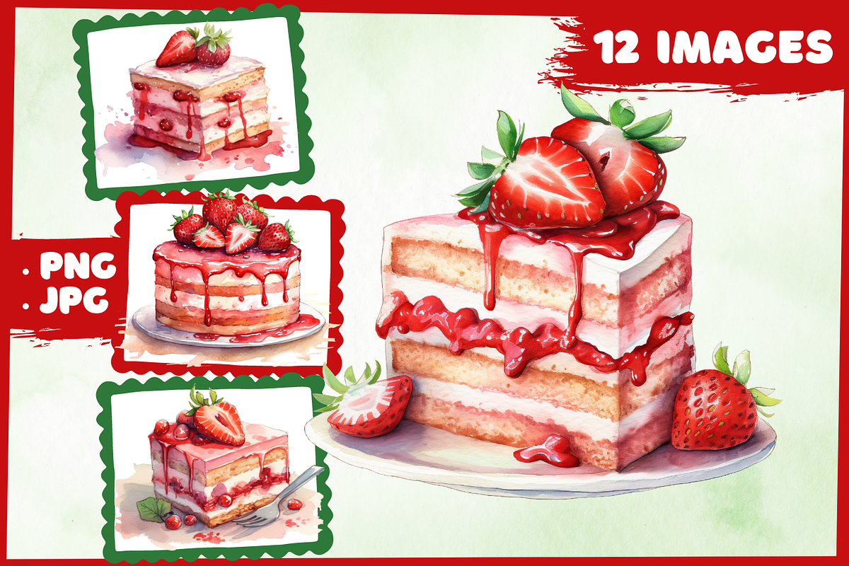 Strawberry Cake Watercolor Clip Art, a Food Illustration by Whimsy & Wishes (Photo 1 of 5)
