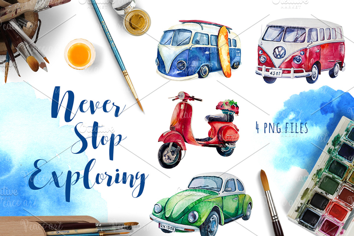Watercolor travel & surfung set, a Transportation Illustration by Peace ART (Photo 2 of 5)