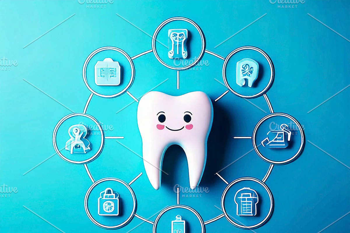 illustration showing a smiling tooth surrounded by dental care i, a Healthcare Illustration by DanFLCreativo