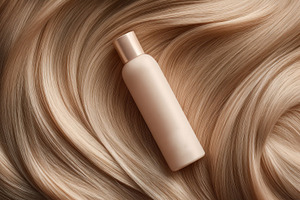 Shampoo bottle on beautiful hair, a Photo by Beautiful things
