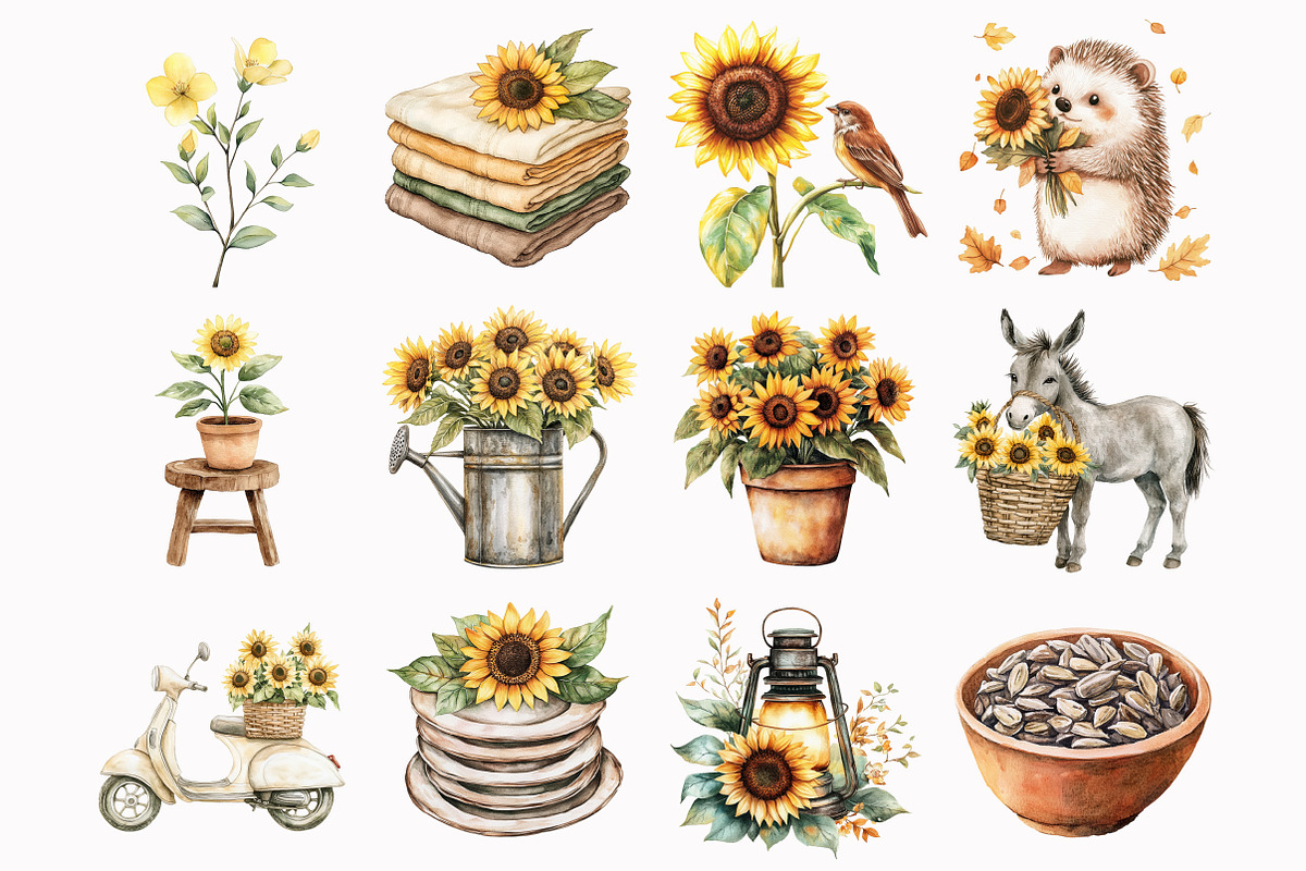 Watercolor Tuscan Sunflower Clipart, a Seasonal Illustration by Design Market (Photo 2 of 5)
