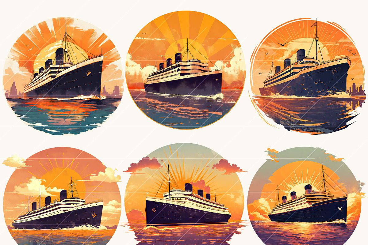 Vintage Cruise Ship Sunset Clipart, a Transportation Illustration by BusyDaydesign (Photo 3 of 9)