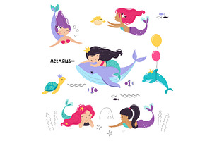 Mermaid and Sea Animals Floating, an Animal Illustration by TopVectors
