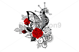 Mechanical Seahorse With Red Roses