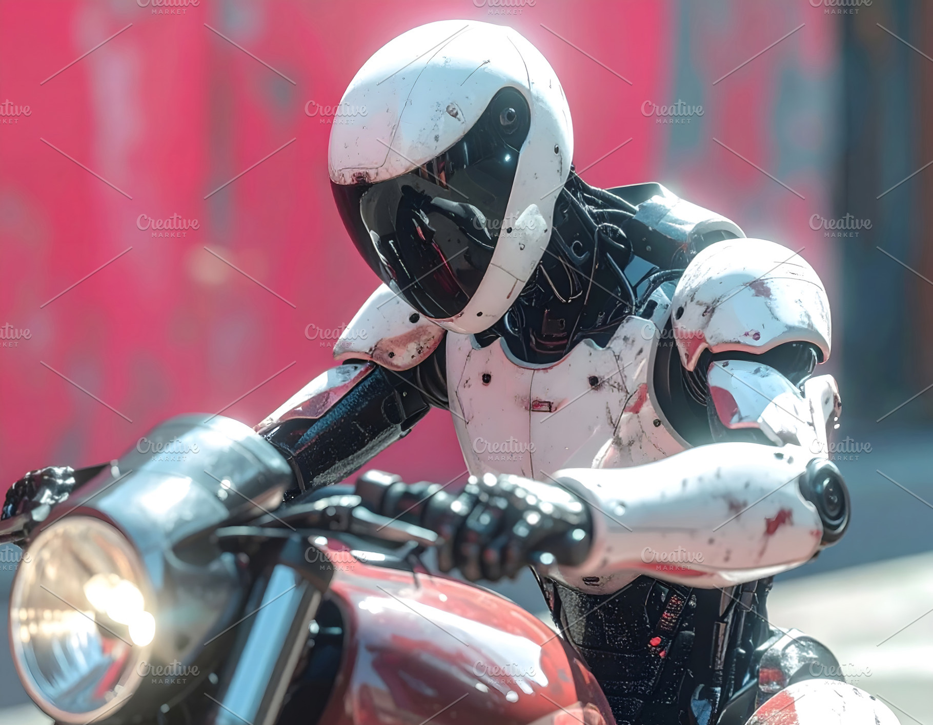 Humanoid robot riding motorcycle in gritty futuristic streets, a Technology Photo by GoodGoods