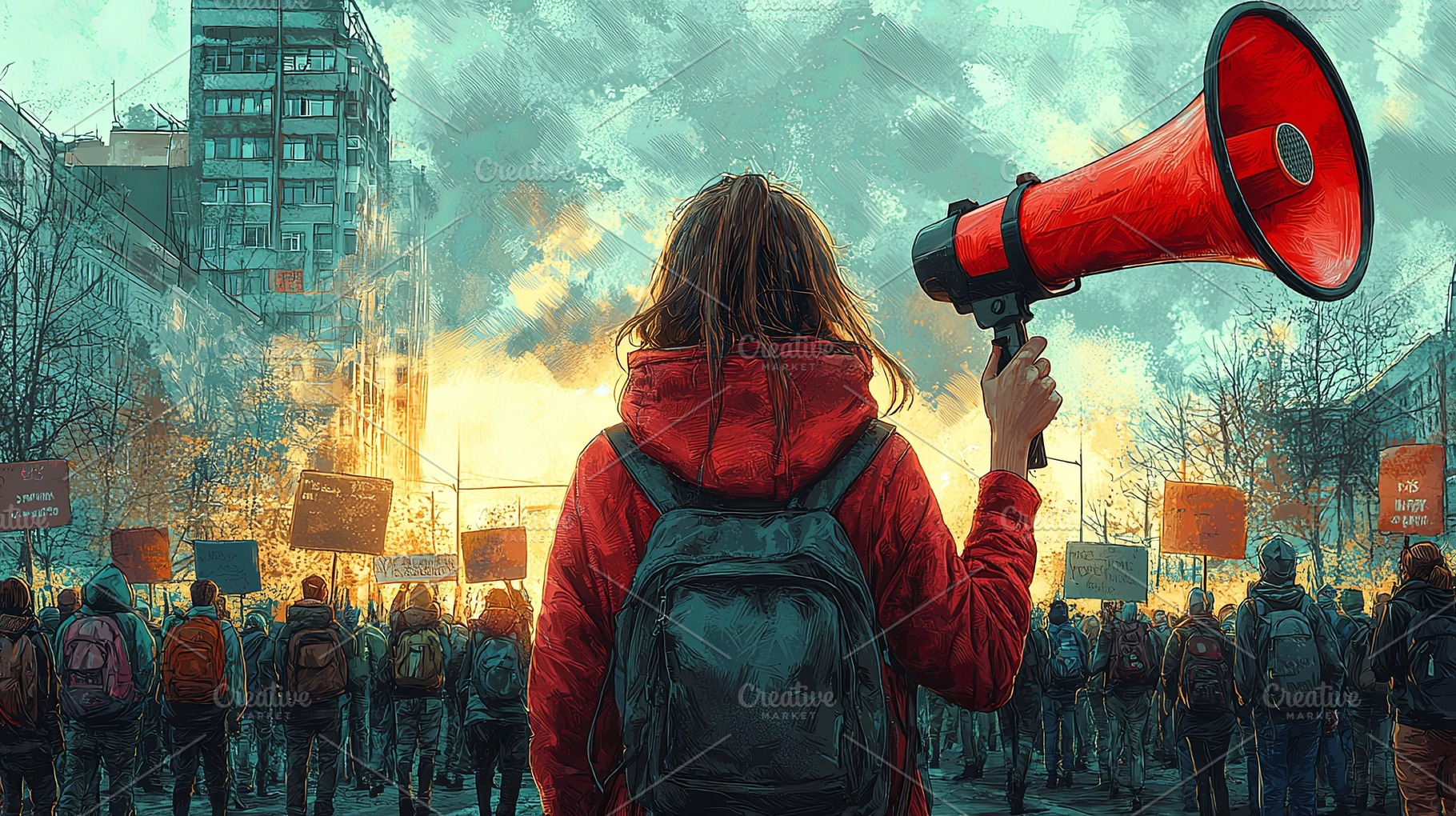 Young woman leading protest with a megaphone during a city demonstration, a Photo by AS photostudio