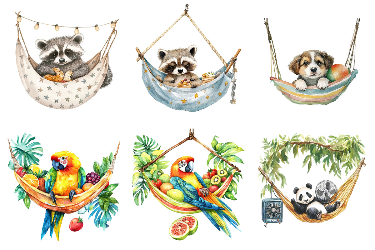 Summer Animals in Hammock Clipart, an Animal Illustration by DreamArtGraphic (Photo 2 of 4)