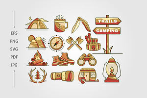 set of travel camp cartoon logo, an Outline Icon by lawoel