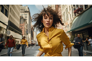 street woman yellow shirt ai, a Beauty & Fashion Photo by pikepicture