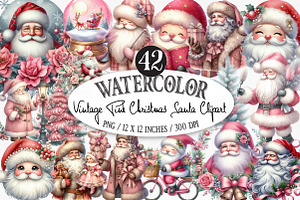 Vintage Pink Christmas Santa Clipart, an Illustration by Designking