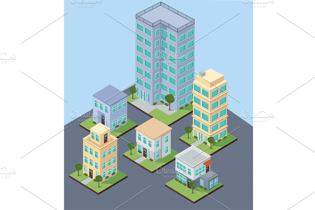 isometric city buildings, a Work Illustration by studiogstock
