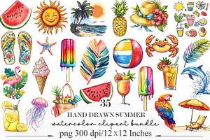 Hand Drawn Summer Clipart PNG Set, an Illustration by Designking