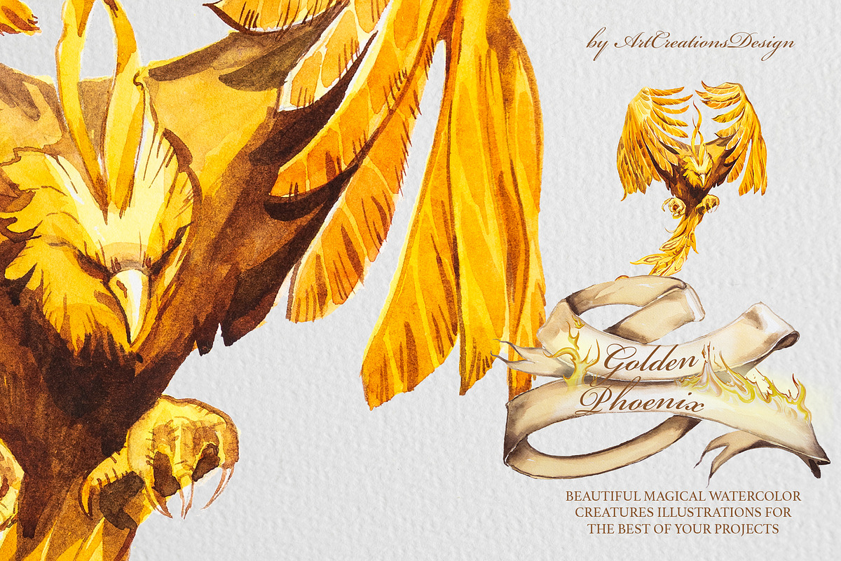 Watercolor Golden Phoenix Clipart, an Animal Illustration by ArtCreationsDesign (Photo 9 of 10)