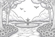 Fountain Garden Park Coloring Pages, an Illustration by Creativeshirt (Thumbnail 5 of 7)