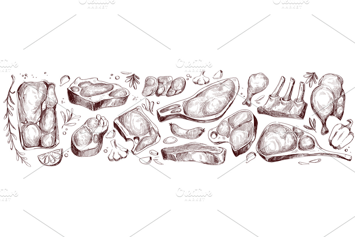 Hand drawn raw meat pieces on white, a Food Illustration by art PVP - market