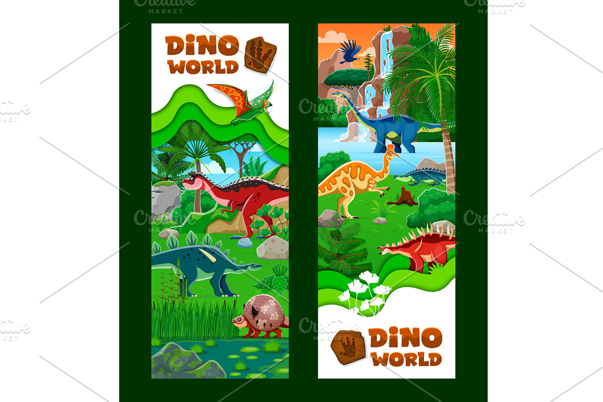 Paper cut dino world banners, an Animal Illustration by Vector Tradition