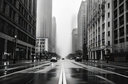 Street in the fog, Chicago, Illinois, United States of America., an Architecture Photo by AS photostudio
