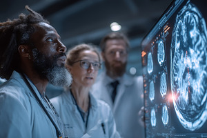 Diverse medical team analyzing brain images on a screen in a lab, a Health & Medical Photo by AS photostudio
