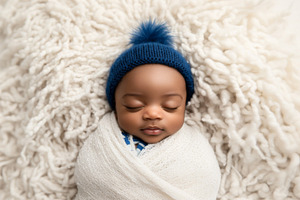 Newborn african american baby wrapped in soft blankets wearing a, a Photo by Dvoevnore photos